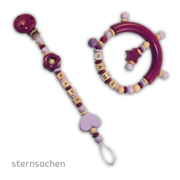 Schnullerkette+Greifling Set Blumenherz/Glockenstern - mit Name - Mädchen